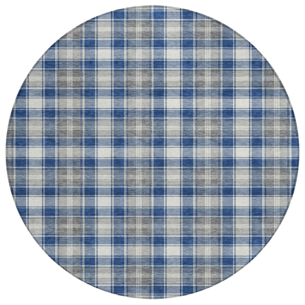 HomeRoots 8' Navy Blue, Ivory, and Gray Round Plaid Rug – Durable, Washable, Perfect for Indoor & Outdoor Use! 621444
