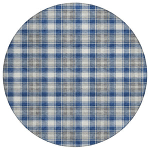 HomeRoots 8' Navy Blue, Ivory, and Gray Round Plaid Rug – Durable, Washable, Perfect for Indoor & Outdoor Use! 621444