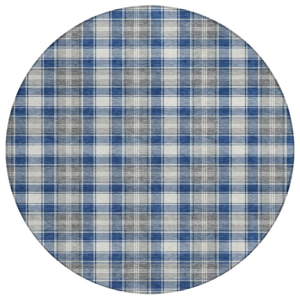 HomeRoots 8' Navy Blue, Ivory, and Gray Round Plaid Rug – Durable, Washable, Perfect for Indoor & Outdoor Use! 621444