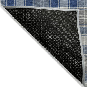 HomeRoots 8' Navy Blue, Ivory, and Gray Round Plaid Rug – Durable, Washable, Perfect for Indoor & Outdoor Use! 621444