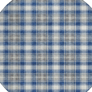 HomeRoots 8' Navy Blue, Ivory, and Gray Round Plaid Rug – Durable, Washable, Perfect for Indoor & Outdoor Use! 621444