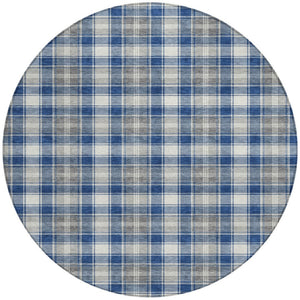 HomeRoots 8' Navy Blue, Ivory, and Gray Round Plaid Rug – Durable, Washable, Perfect for Indoor & Outdoor Use! 621444