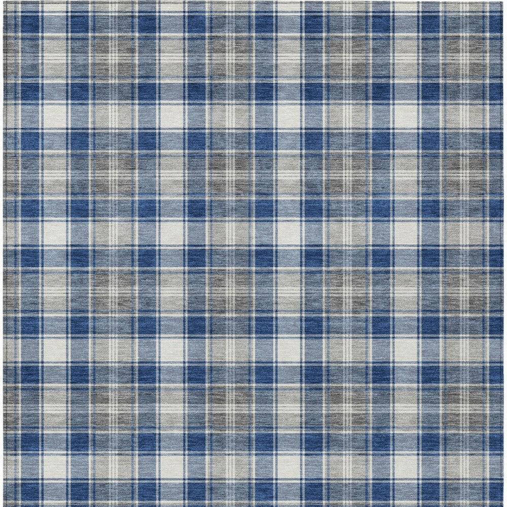 HomeRoots 8' x 10' Stylish Navy Blue, Ivory & Gray Plaid Area Rug - Washable, Durable for Indoor/Outdoor Use! 621445