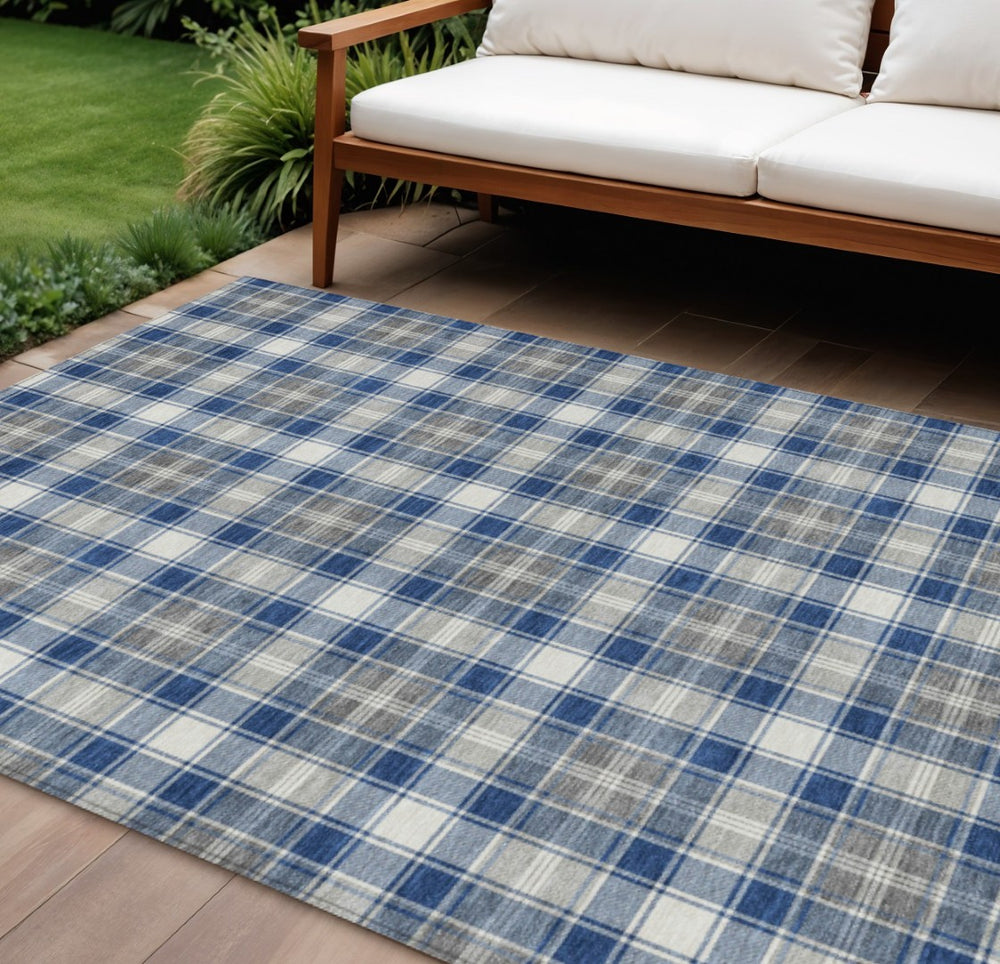 HomeRoots 8' x 10' Stylish Navy Blue, Ivory & Gray Plaid Area Rug - Washable, Durable for Indoor/Outdoor Use! 621445
