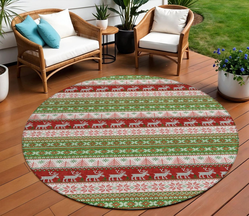 HomeRoots 8' Green Ivory and Red Round Deer Area Rug - Durable, Washable, Perfect for Indoor & Outdoor Spaces! 621450