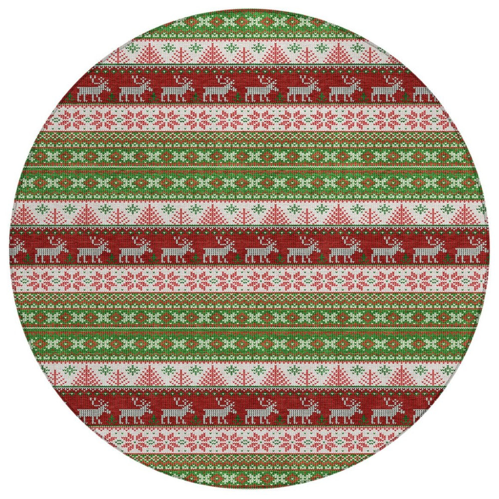 HomeRoots 8' Green Ivory and Red Round Deer Area Rug - Durable, Washable, Perfect for Indoor & Outdoor Spaces! 621450