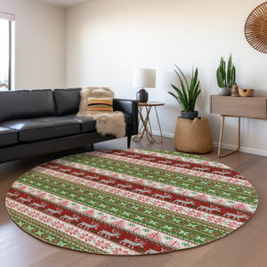 HomeRoots 8' Green Ivory and Red Round Deer Area Rug - Durable, Washable, Perfect for Indoor & Outdoor Spaces! 621450