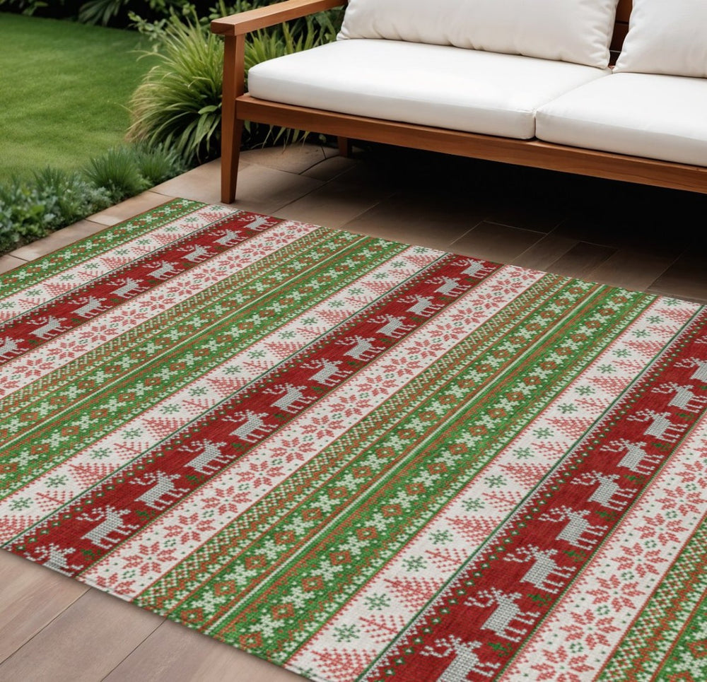 HomeRoots 10' Elegant Deer Motif Indoor Outdoor Area Rug in Green, Ivory & Red – Washable & Durable Design! 621453