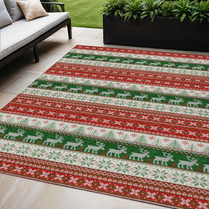 HomeRoots 5' X 8' Red Green Ivory Deer Rug - Durable, Washable Area Rug for Indoor & Outdoor Living Spaces 621461