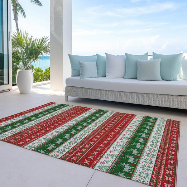 HomeRoots 5' X 8' Red Green Ivory Deer Rug - Durable, Washable Area Rug for Indoor & Outdoor Living Spaces 621461