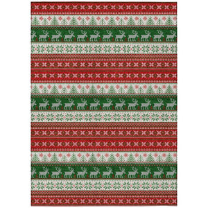 HomeRoots 5' X 8' Red Green Ivory Deer Rug - Durable, Washable Area Rug for Indoor & Outdoor Living Spaces 621461