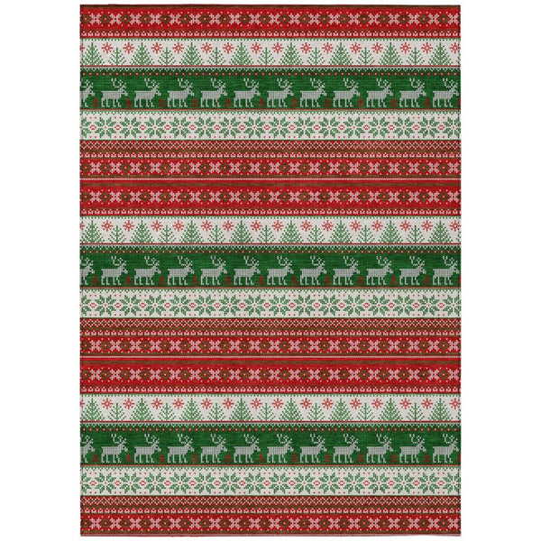 HomeRoots 5' X 8' Red Green Ivory Deer Rug - Durable, Washable Area Rug for Indoor & Outdoor Living Spaces 621461
