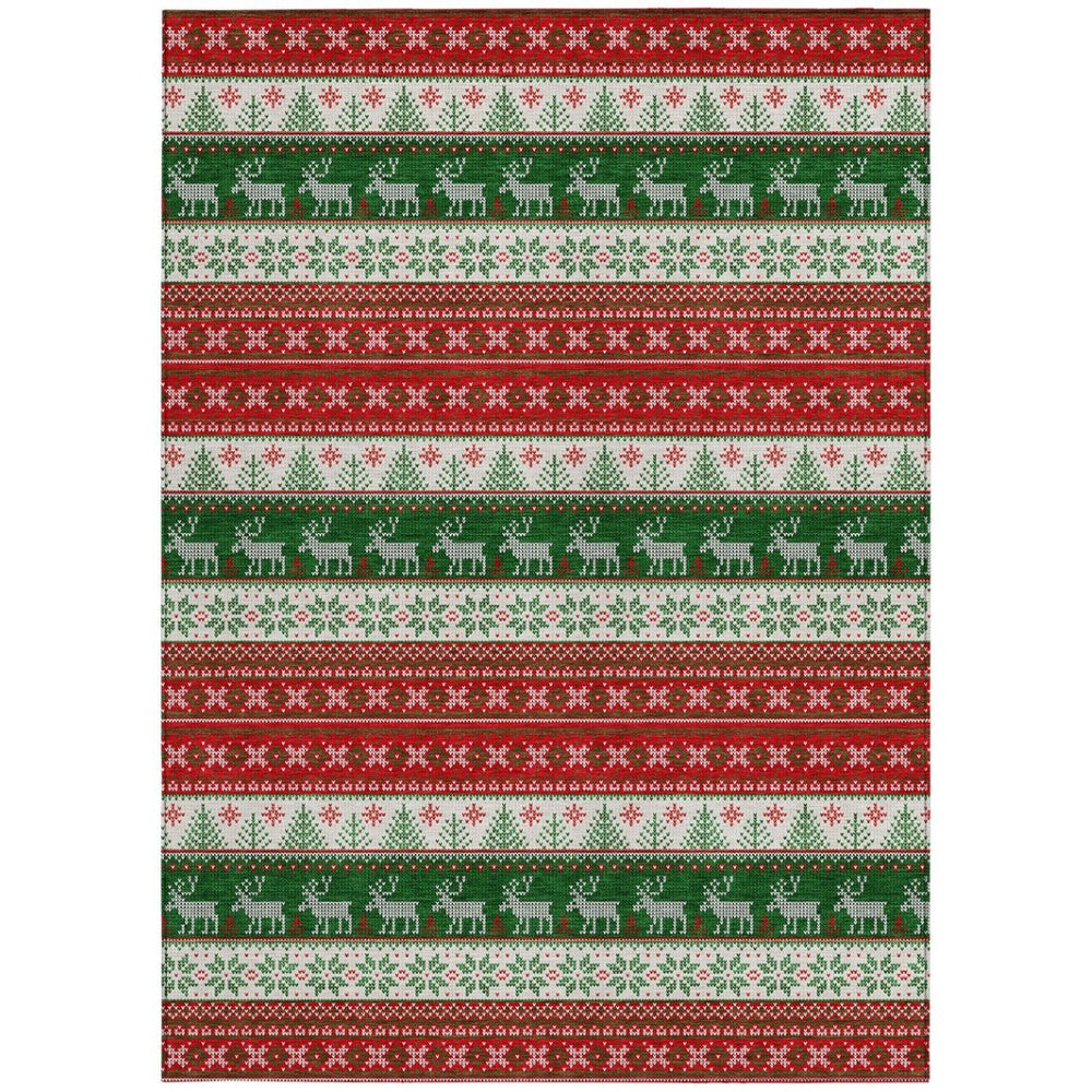 HomeRoots 5' X 8' Red Green Ivory Deer Rug - Durable, Washable Area Rug for Indoor & Outdoor Living Spaces 621461