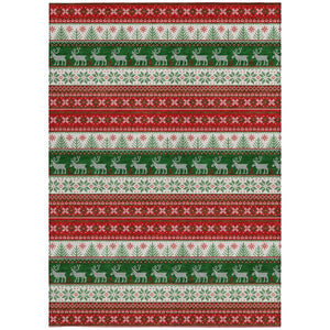 HomeRoots 5' X 8' Red Green Ivory Deer Rug - Durable, Washable Area Rug for Indoor & Outdoor Living Spaces 621461
