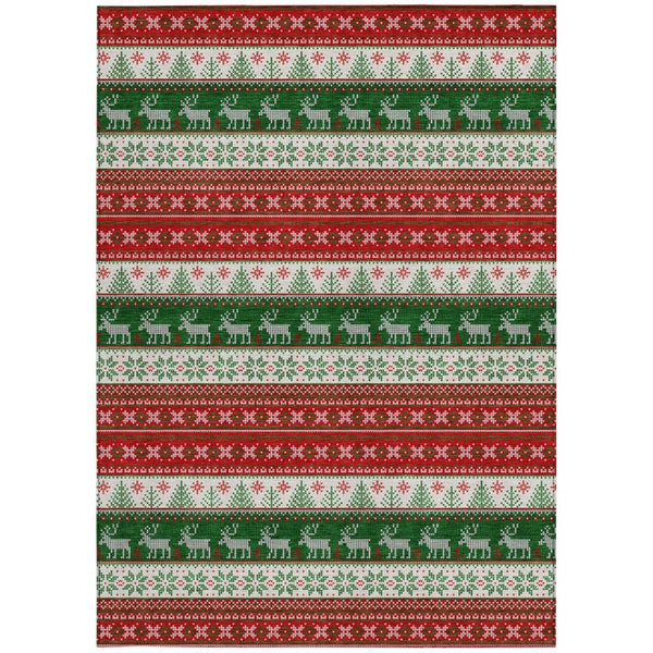 HomeRoots 5' X 8' Red Green Ivory Deer Rug - Durable, Washable Area Rug for Indoor & Outdoor Living Spaces 621461