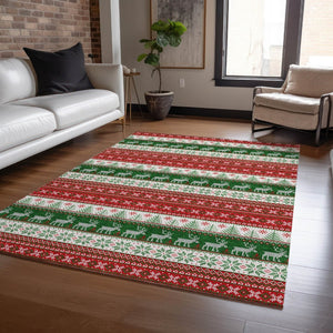 HomeRoots 5' X 8' Red Green Ivory Deer Rug - Durable, Washable Area Rug for Indoor & Outdoor Living Spaces 621461