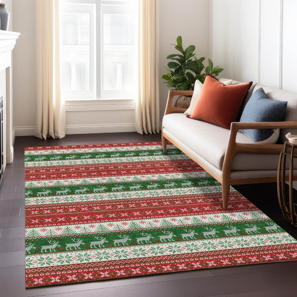 HomeRoots 5' X 8' Red Green Ivory Deer Rug - Durable, Washable Area Rug for Indoor & Outdoor Living Spaces 621461