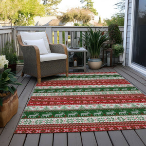 HomeRoots 5' X 8' Red Green Ivory Deer Rug - Durable, Washable Area Rug for Indoor & Outdoor Living Spaces 621461