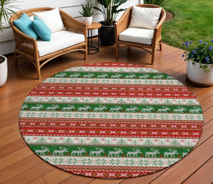 HomeRoots 8' Festive Red Green & Ivory Round Deer Area Rug - Durable, Washable for Indoor/Outdoor Use! 621462