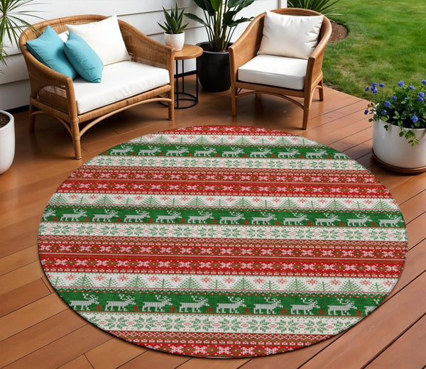HomeRoots 8' Festive Red Green & Ivory Round Deer Area Rug - Durable, Washable for Indoor/Outdoor Use! 621462
