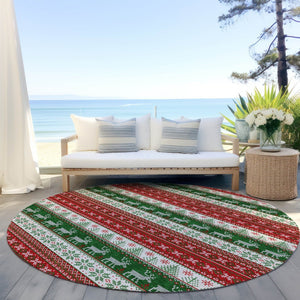 HomeRoots 8' Festive Red Green & Ivory Round Deer Area Rug - Durable, Washable for Indoor/Outdoor Use! 621462