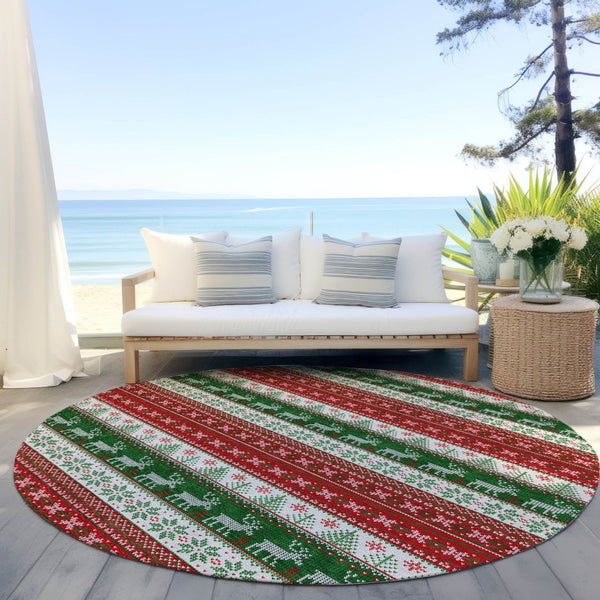 HomeRoots 8' Festive Red Green & Ivory Round Deer Area Rug - Durable, Washable for Indoor/Outdoor Use! 621462