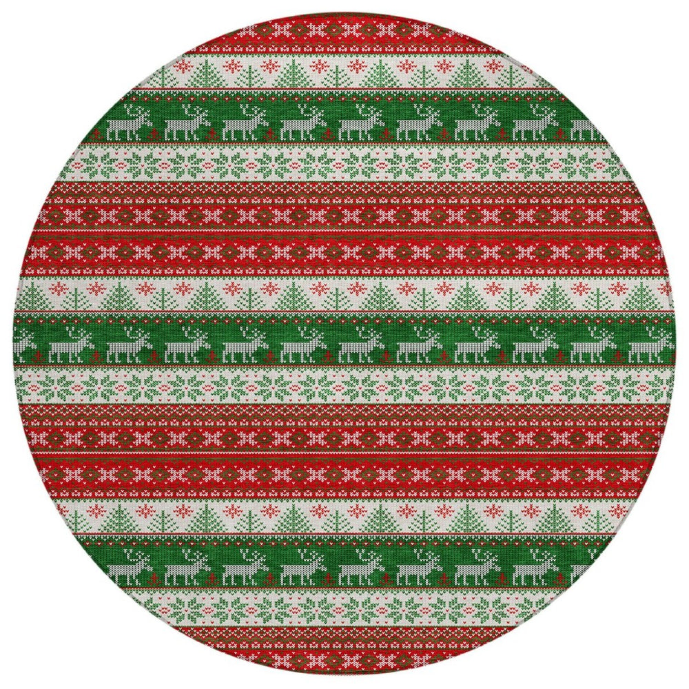 HomeRoots 8' Festive Red Green & Ivory Round Deer Area Rug - Durable, Washable for Indoor/Outdoor Use! 621462