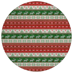 HomeRoots 8' Festive Red Green & Ivory Round Deer Area Rug - Durable, Washable for Indoor/Outdoor Use! 621462
