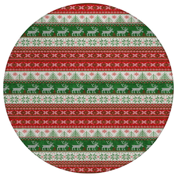 HomeRoots 8' Festive Red Green & Ivory Round Deer Area Rug - Durable, Washable for Indoor/Outdoor Use! 621462