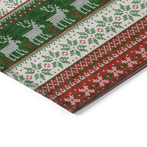HomeRoots 8' Festive Red Green & Ivory Round Deer Area Rug - Durable, Washable for Indoor/Outdoor Use! 621462