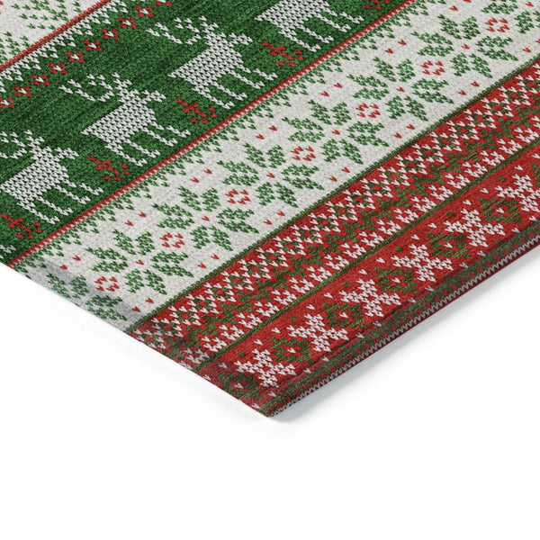 HomeRoots 8' Festive Red Green & Ivory Round Deer Area Rug - Durable, Washable for Indoor/Outdoor Use! 621462
