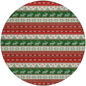 HomeRoots 8' Festive Red Green & Ivory Round Deer Area Rug - Durable, Washable for Indoor/Outdoor Use! 621462
