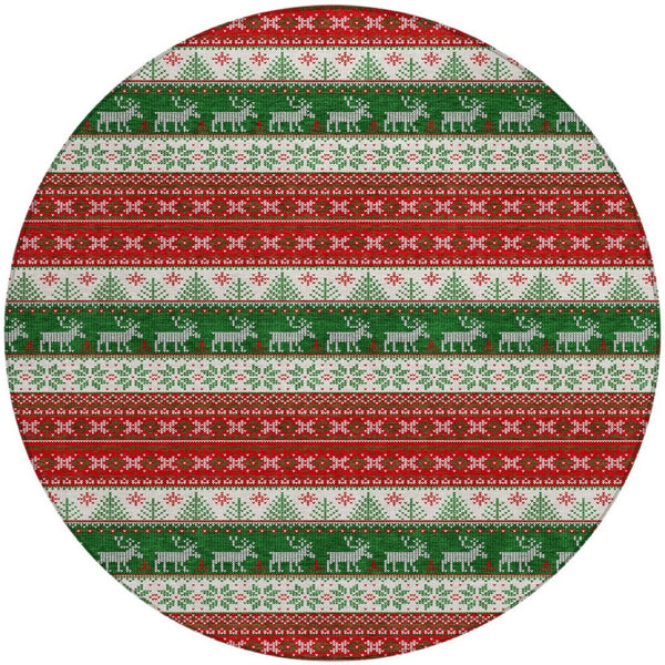 HomeRoots 8' Festive Red Green & Ivory Round Deer Area Rug - Durable, Washable for Indoor/Outdoor Use! 621462