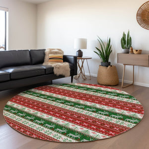 HomeRoots 8' Festive Red Green & Ivory Round Deer Area Rug - Durable, Washable for Indoor/Outdoor Use! 621462
