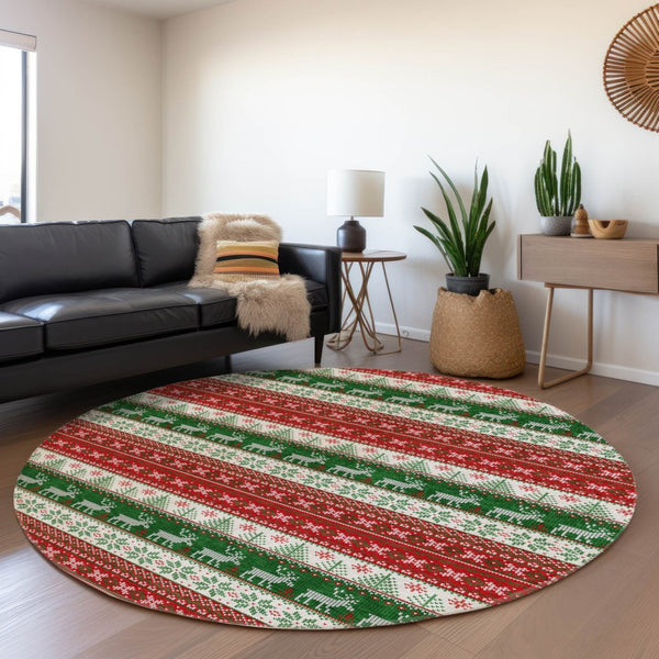 HomeRoots 8' Festive Red Green & Ivory Round Deer Area Rug - Durable, Washable for Indoor/Outdoor Use! 621462