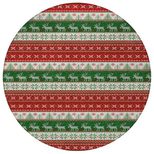 HomeRoots 8' Festive Red Green & Ivory Round Deer Area Rug - Durable, Washable for Indoor/Outdoor Use! 621462