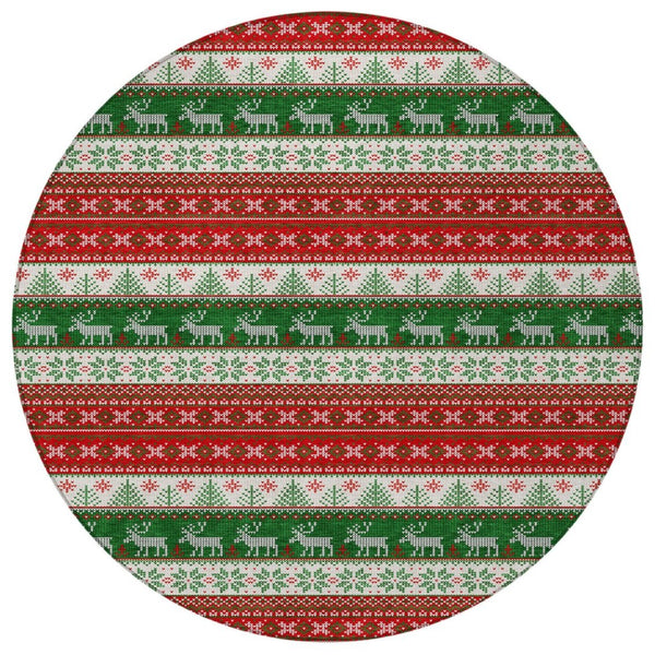 HomeRoots 8' Festive Red Green & Ivory Round Deer Area Rug - Durable, Washable for Indoor/Outdoor Use! 621462
