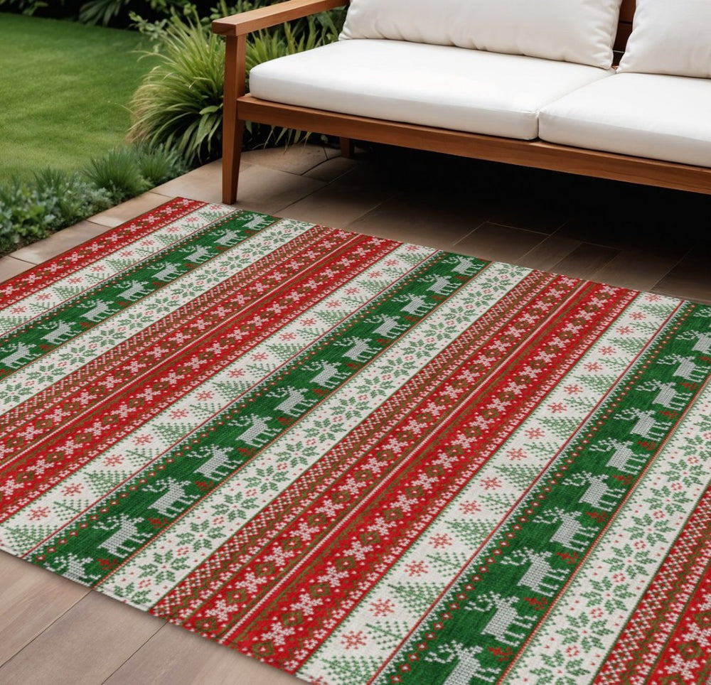 HomeRoots 9' Indoor Outdoor Area Rug - Red Green Ivory Deer Design, Washable, Durable & Versatile for Any Space 621464
