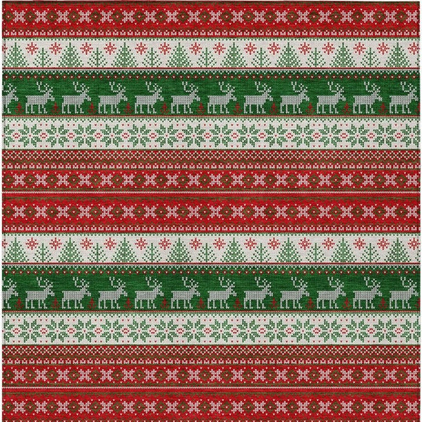 HomeRoots 9' Indoor Outdoor Area Rug - Red Green Ivory Deer Design, Washable, Durable & Versatile for Any Space 621464