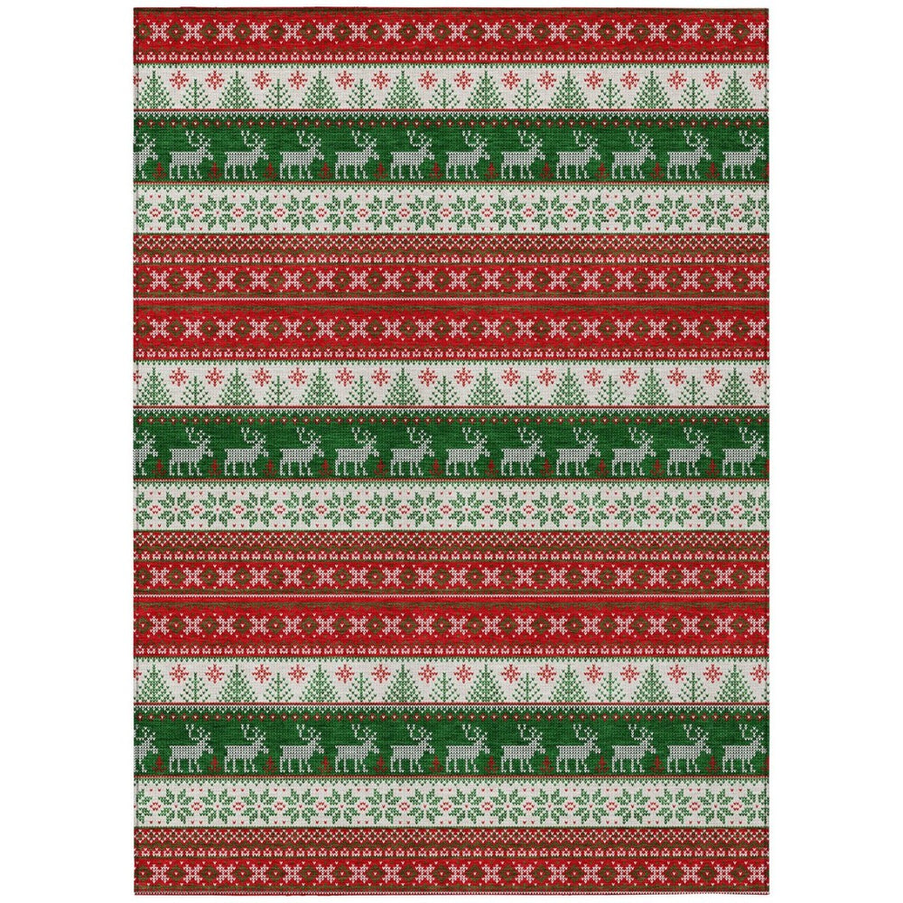 HomeRoots 9' Indoor Outdoor Area Rug - Red Green Ivory Deer Design, Washable, Durable & Versatile for Any Space 621464