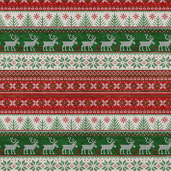 HomeRoots 10' Indoor Outdoor Washable Area Rug - Red Green Ivory Deer Pattern, Durable & Easy Care Design 621465