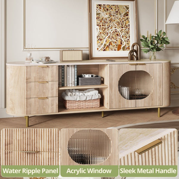 English Elm 65 Inch Fluted Media Console with Marble Look Top Gold Hardware Natural Finish Oak T5618P448226