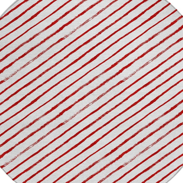 HomeRoots 8' Red And White Striped Round Rug – Stylish, Washable, Indoor-Outdoor Design for High-Traffic Areas 621498