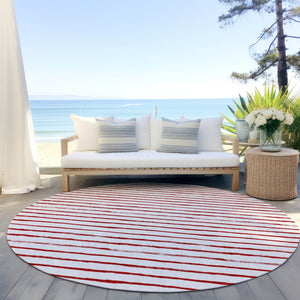 HomeRoots 8' Red And White Striped Round Rug – Stylish, Washable, Indoor-Outdoor Design for High-Traffic Areas 621498