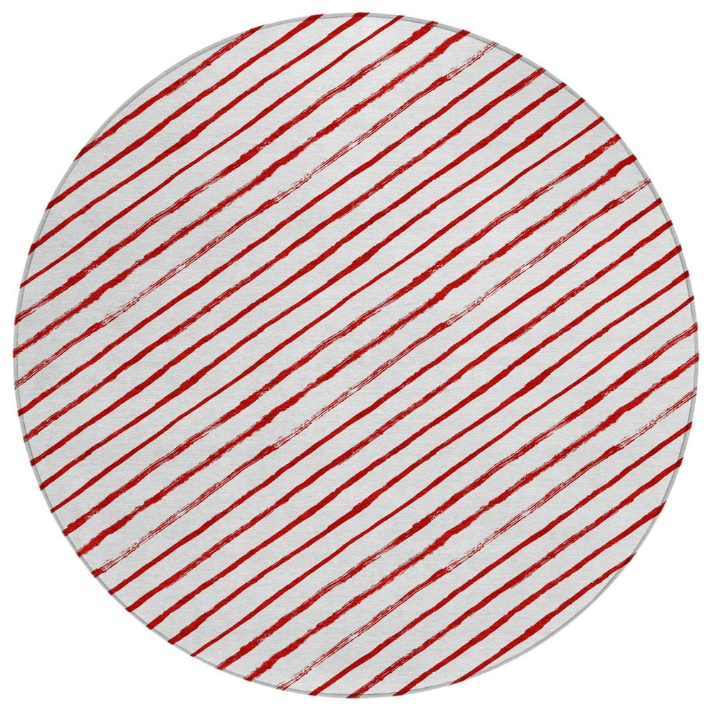 HomeRoots 8' Red And White Striped Round Rug – Stylish, Washable, Indoor-Outdoor Design for High-Traffic Areas 621498