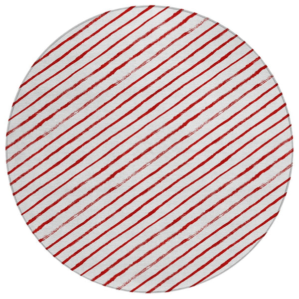 HomeRoots 8' Red And White Striped Round Rug – Stylish, Washable, Indoor-Outdoor Design for High-Traffic Areas 621498