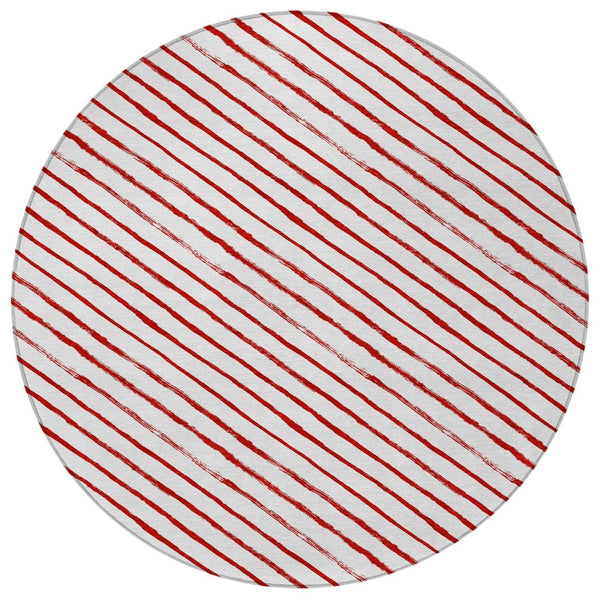 HomeRoots 8' Red And White Striped Round Rug – Stylish, Washable, Indoor-Outdoor Design for High-Traffic Areas 621498