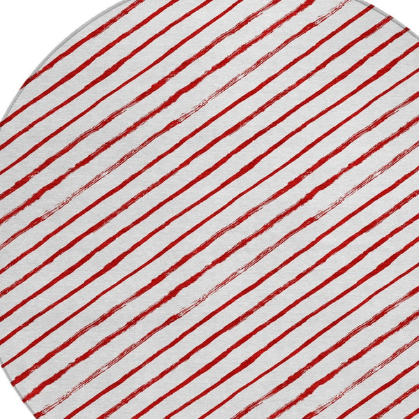 HomeRoots 8' Red And White Striped Round Rug – Stylish, Washable, Indoor-Outdoor Design for High-Traffic Areas 621498