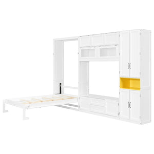 English Elm Twin Murphy Wall Bed with Integrated Tv Stand Open Shelving and Cabinet Storage LP000768AAK