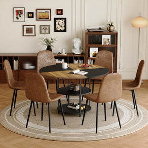 English Elm Table and Chair Set Round Geometric Mdf Dining with Storage Shelf and 6 Fabric Seats W1151S04077